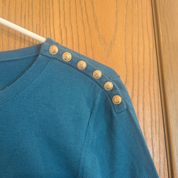 Ann Taylor Teal Blue Short Sleeve Knit Gold Button Sweater Top- Size Small - Picture 3 of 5